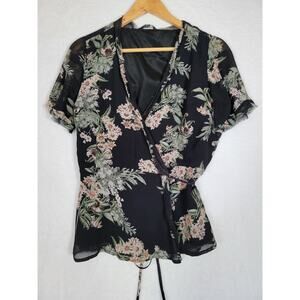 Lucky Brand Floral Wrap Blouse Size M Fringe Hem Accents V-Neck Tie Waist Top